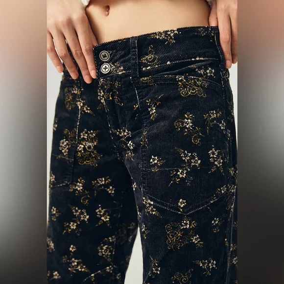 Pilcro Black Corduroy Floral Straight Leg Elevated Statement Pants - Picture 3 of 13